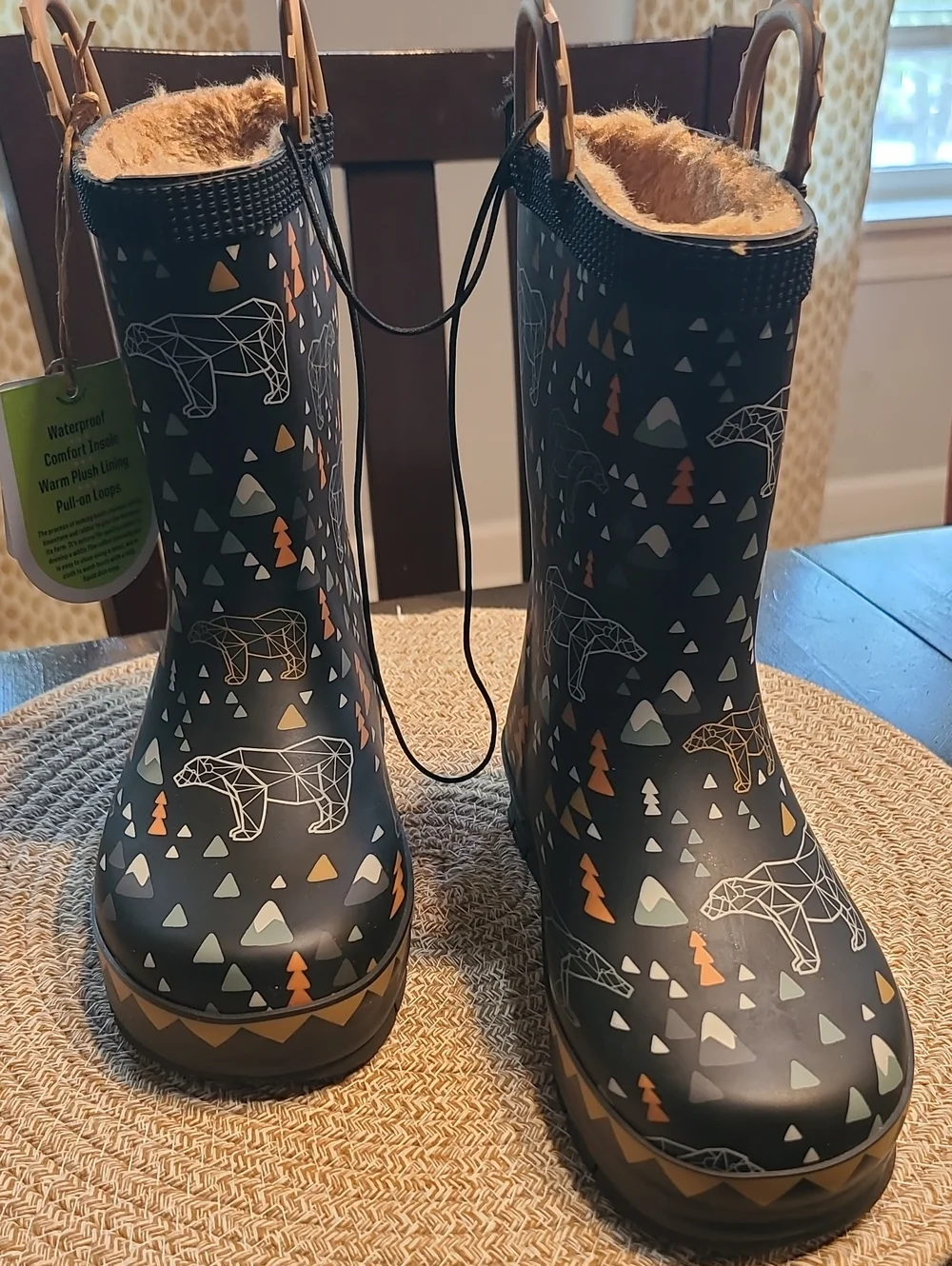 Western Chief NWT Grizzly Faux Fur Waterproof Rain Boots Black/Orange Size 13